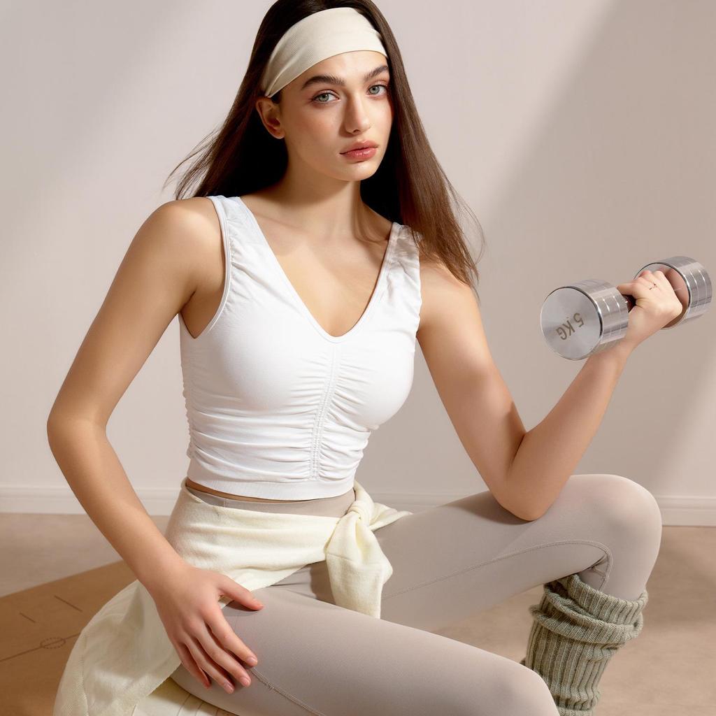 Spring/Summer Women's Ruched Racerback Yoga Vest with Chest Pad - Sexy Sleeveless Top