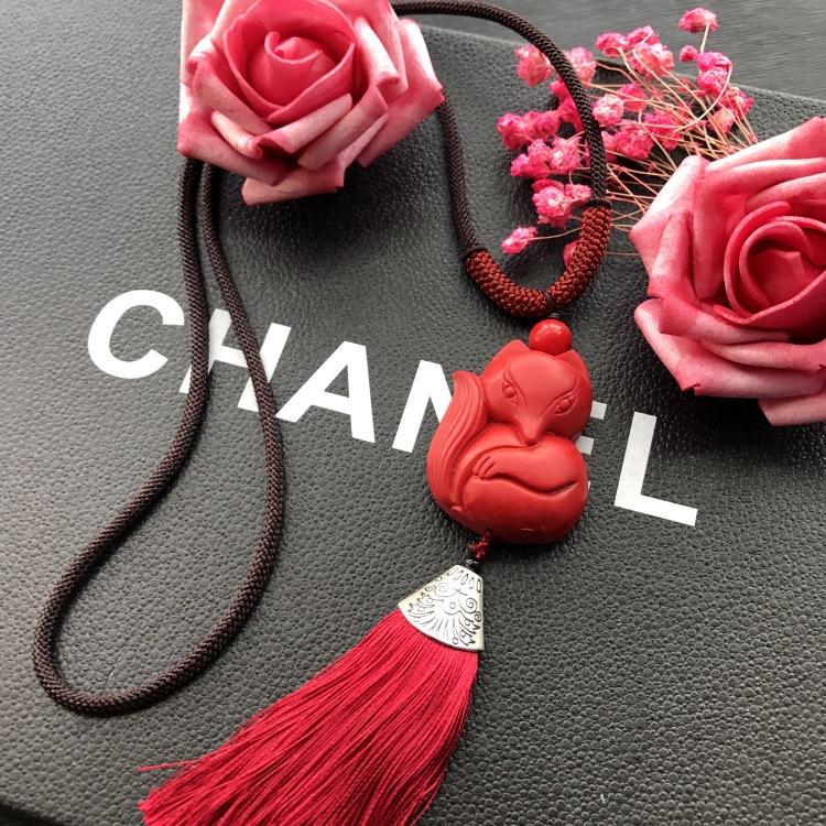 Neoclassical Chinese red cinnabar fringed necklace retro fashion long versatile sweater chain four seasons ethnic style accessories