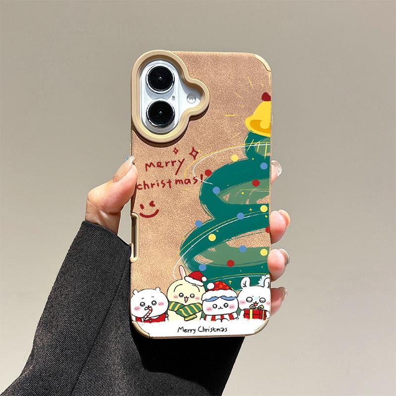 

Чехол Merry Christmax X-mas Tree Snow White с рисунком из кожи + ремешок на запястье, защитный чехол из мягкого силикона для iPhone iPhone 16 Pro Max золотой