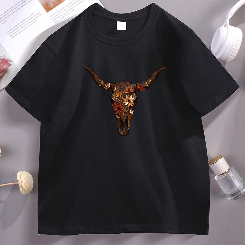 Boho Cow Skull T Shirt Western Graphic Tee Bull Skull T-Shirt Cowgirl Tshirt Country Girl Western Clothing Tops