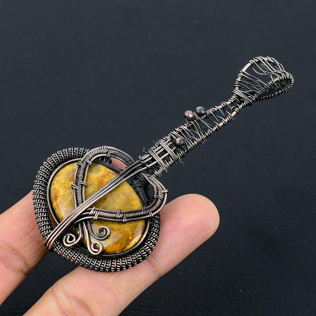 Natural Fossil Coral Gemstone Handmade Copper Wire Wrap Guitar Pendant 3.1 G8f59
