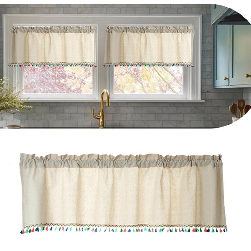 Short Curtain With Colorful Tassels For Home Decors Semi Sheer Window Drape Valance Panel Easy Installation Rod Pocket