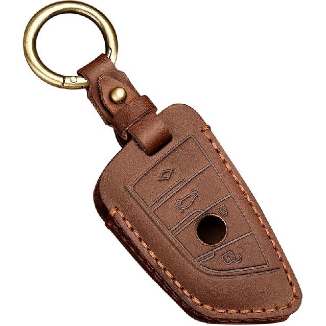OLLEN  Leather No Screws Key Fob Cover Fit for BMW 5 6 7 Series X1 X2 X3 X5 X6 GT Series etc, Blade Shape, Brown