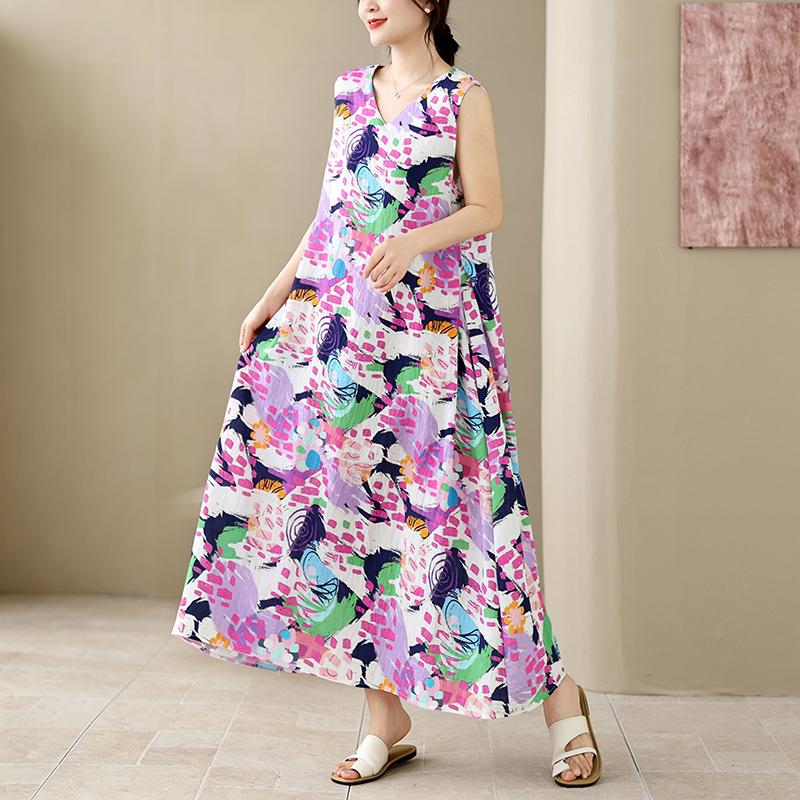 DIMANAF New 2026 Women Plus Size Summer Lady Long Dress Loose Oversize Maxi Floral Print Beach Sundress Clothing Vest Sleeveless