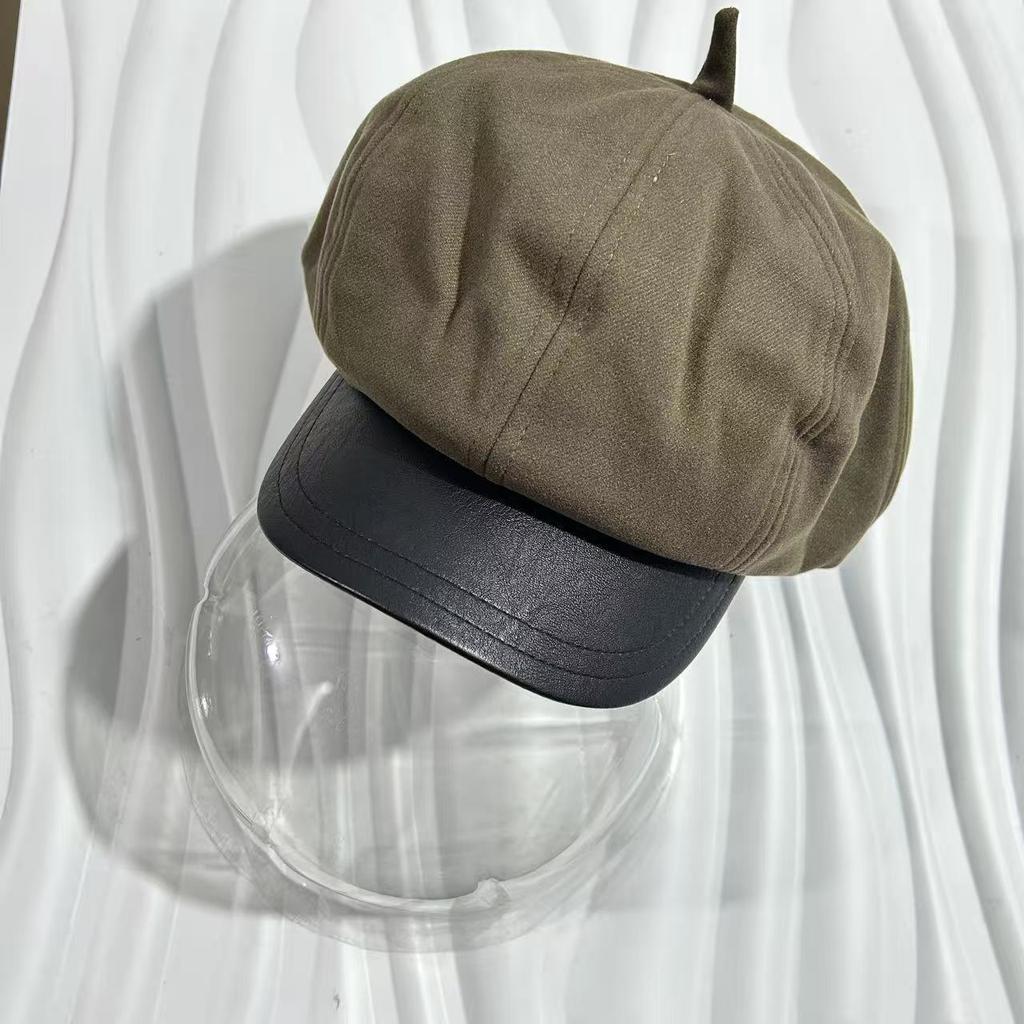 Autumnwinter Vintage Plaid Leather Beret Hat For Women Face Slimming British Style Artist Cap Atmosphere Sensation