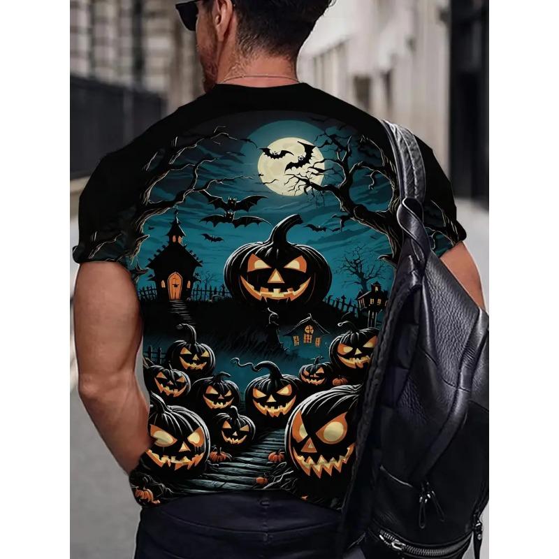 Men's Halloween Pattern Printed T-shirt Sports Short Sleeved Crew Neck T-shirt for Summer Outdoor Fitness Workout Men's Clothing