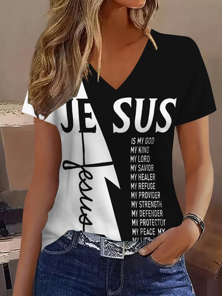 Full Body Printed Breathable V-neck Short-sleeved Faith T-shirt
