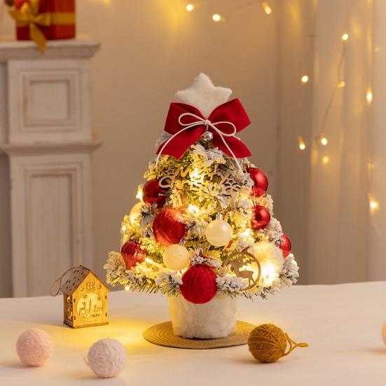 Mini Snow Flocked Christmas Tree Tabletop Artificial Christmas Tree with LED Lights Small Pine Tree with Balls And Bow for Desk Windowsill Decor