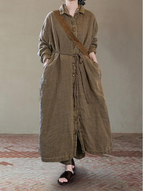 Autumn Barn Wind Trench Coat: Incense Color Ramie Cotton Long Sleeve Versatile Dress Coat C0930