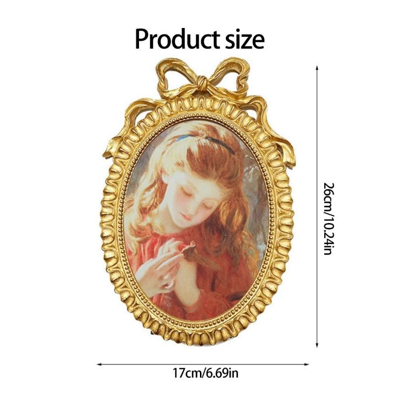 Handcrafted Antique Gold Carving Oval Bowknot Picture Frame With Hanging Hook And Stand For Wall Or Desktop Decoration