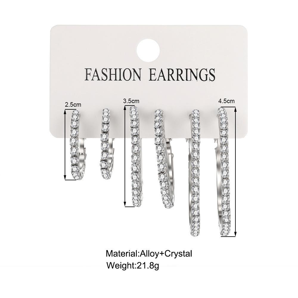 3 Pairs Different Size Crystal Earrings Full Shiny Rhinestone Jewelry Gifts Hoop Earrings  Women