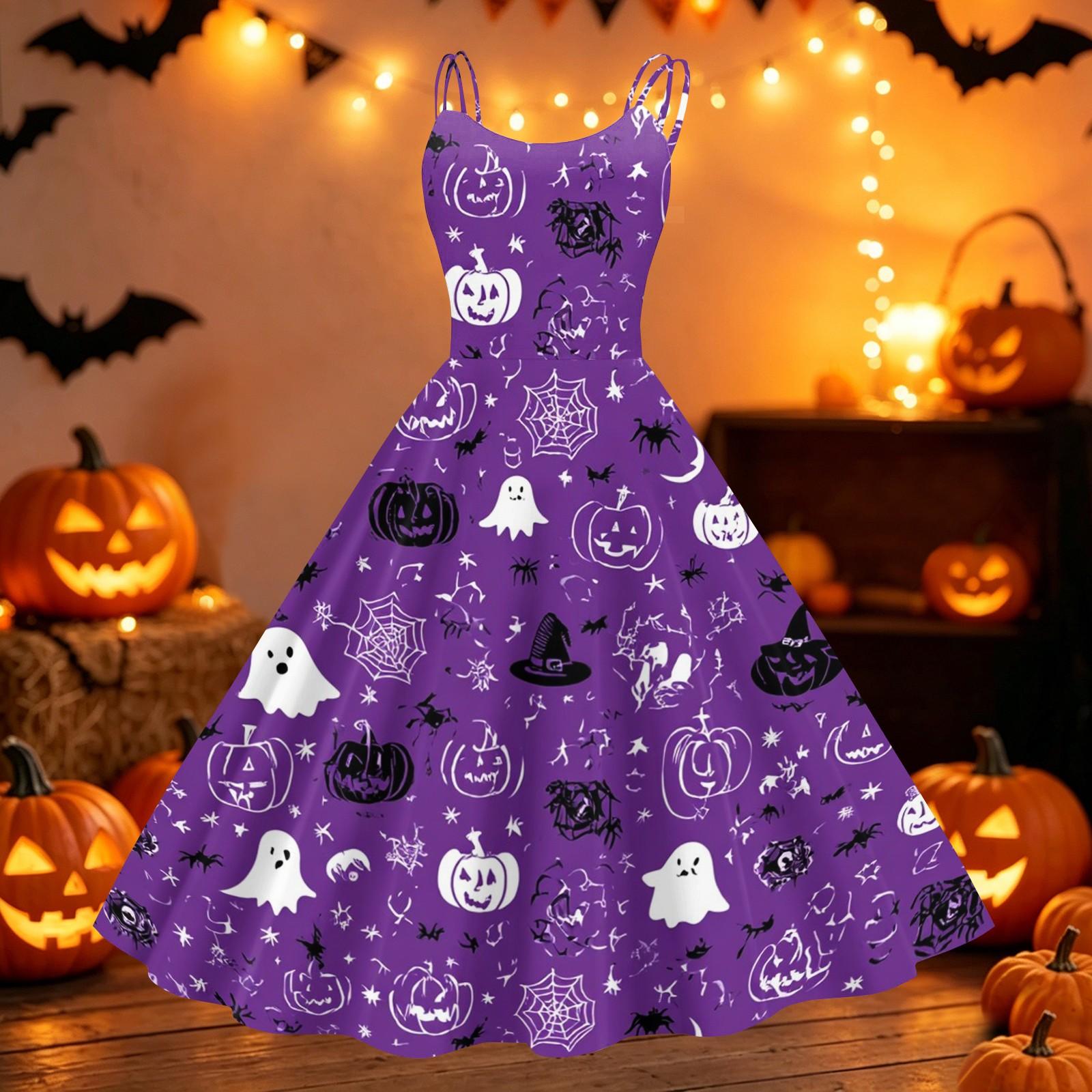 Women s Halloween Printed Off Shoulder Punk Vintage Dress Sleeveless Spaghetti Strap A Line Dress with Halloween Pumpkin Ghost Bat Pattern XL