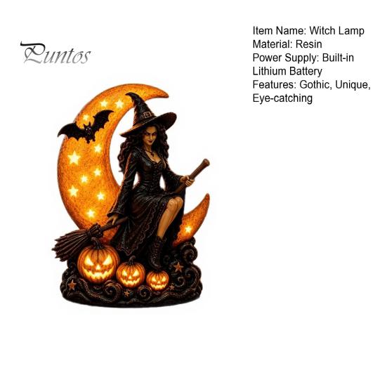 Handcrafted Resin Ornament Halloween Witch Lamp, Gothic Crescent Moon LED Night Light, Tabletop Statue Spooky Decorative Table Lamp for Bedroom