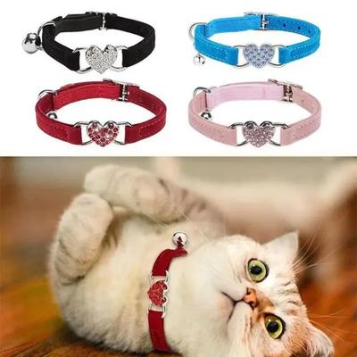 Heart Charm and Bell Cat Collar Safety Elastic Adjustable with Soft Velvet Material 8 Colors Pet Product Small Dog Collar