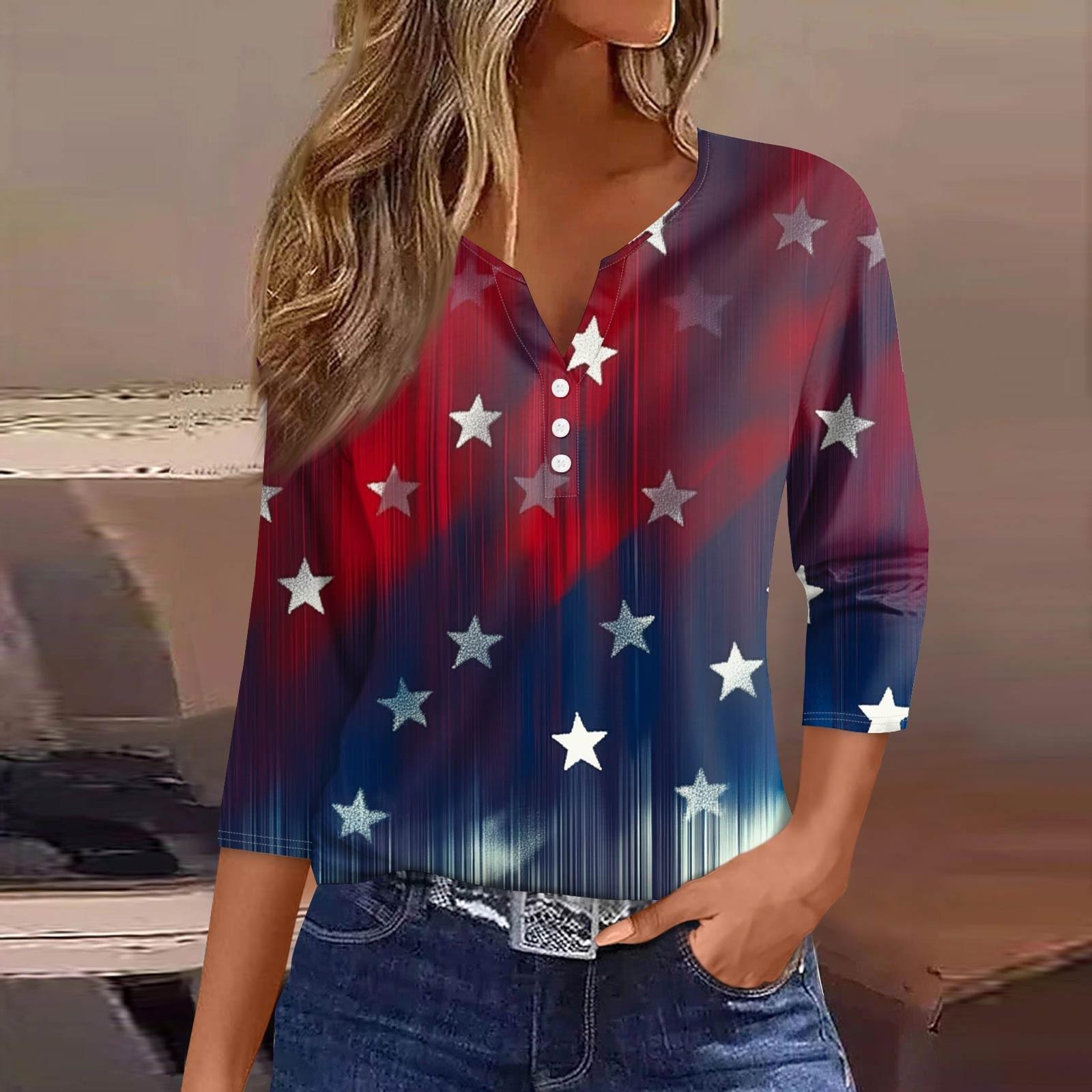 

Women s Fashion Button V Neck Seven Sleeve Independence Day Printed Top M