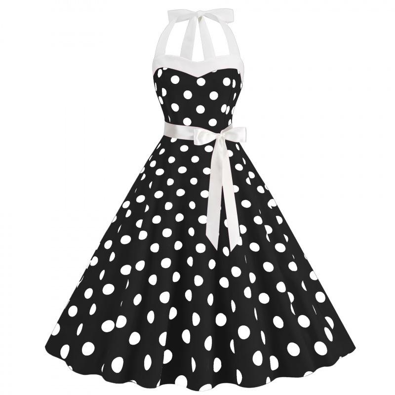 Retro Polka Dot Halter Flared Dress - European & American Hepburn Style with Lace-up Backless Design for Bridesmaid or Performance