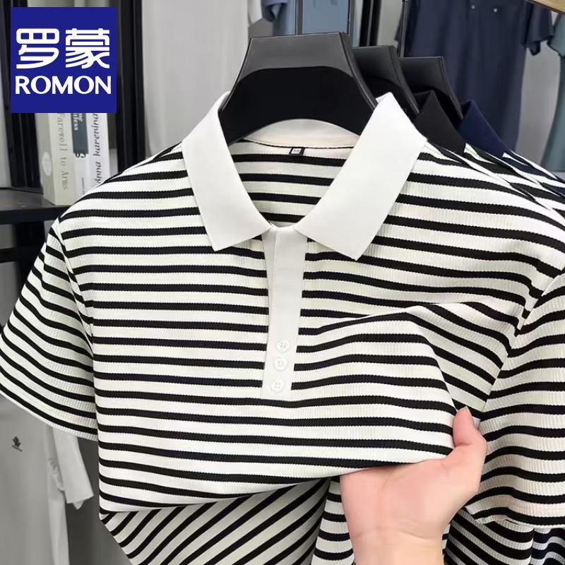 Romon Men s Striped Ice Silk Polo Shirt 3XL