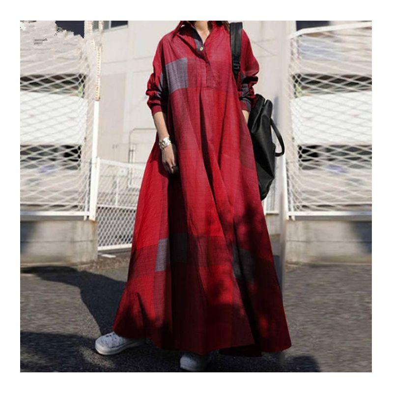 

Fashion Style Fashion Elegance Retro Ethnic Print Loose Long Sleeves Dress Spring and Summer New Arrival Large Swing Skirt RED CHECK XL