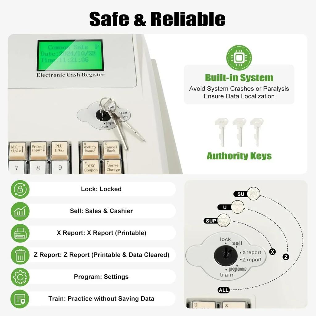 Cash Register 48-Key LED Display Electronic Cashier Cash Management POS System High-Speed Thermal Printing Digital Cash Register