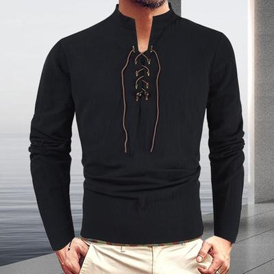Spring Autumn Men Shirt Lace-up Stand Collar Long Sleeves Solid Color Loose Retro Medieval Mid Length Casual Commuting Office Top