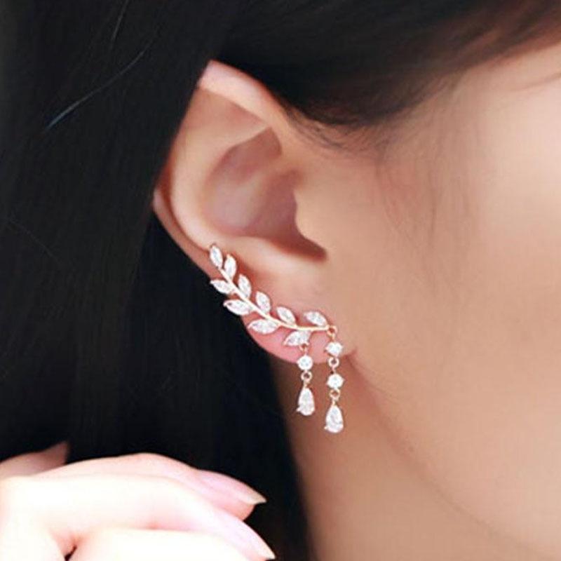 Zircon Crystal Women Leaves Tassel Drop Earrings Dangle
