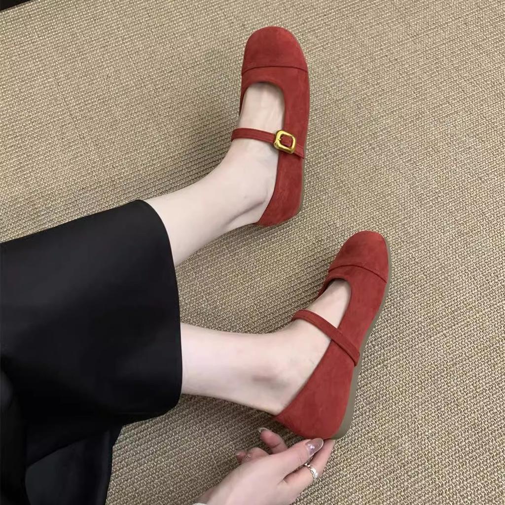 Světle červené jednoduché boty dámské jarní a podzimní nové francouzské retro jemné semišové boty Mary Jane s plochou čepicí