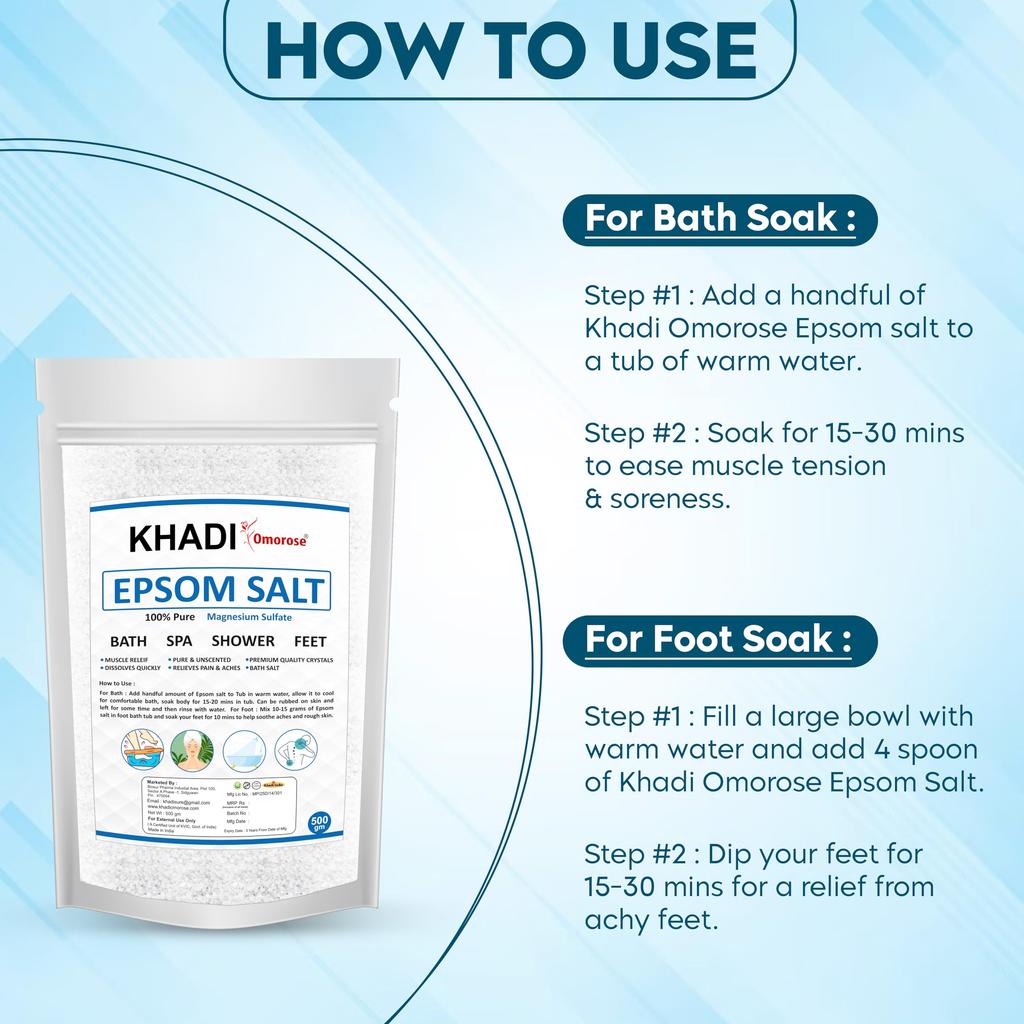 Khadi Omorose Epsom Bath Salt Crystal and Bath | For refreshing bath soak | Foot Spa | Relieves aches & pain - 500 Gram