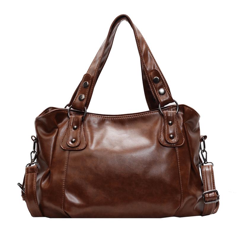 European & American Retro Solid Color PU Large Capacity Soft Leather Shoulder Tote
