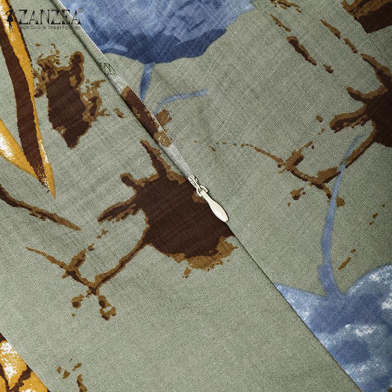 ZANZEA Damen Lässig Rundhals Rüschen Kurzarm Sommer Druckkleid