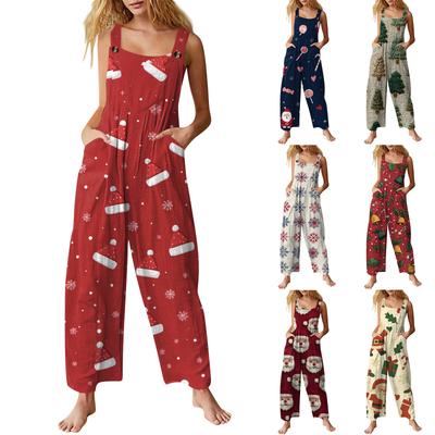 Women's Casual Jumpsuit Sleeveless Christmas Printed Cotton Jumpsuit