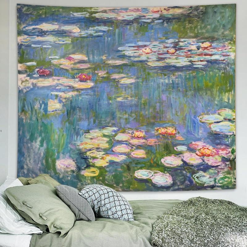 VIKAMA French Impressionist Water Lilies Tapestry Monet Masterpiece Wall Hanging Aesthetic Tapestry For Bed Breakfasts And Cafés