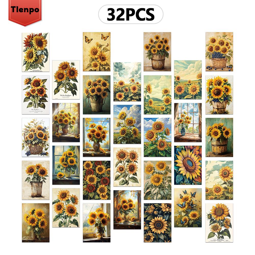 

32pcs, vintage sunflower postcards, wall stickers, mailing cards, greeting cards, DIY postcards, souvenir postcards, decorative