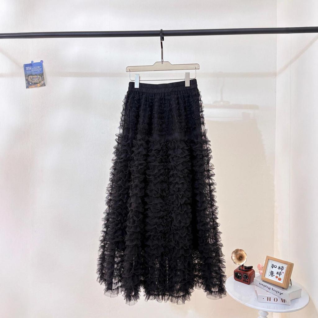 Sweet Apricot Embroidered Mesh Ruffle Midi Skirt - Fluffy, Layered and Versatile for Autumn/Winter