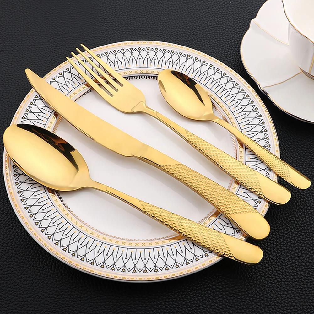 16PCS Gold Tableware Sets Stainless Steel Cutlery Knife Tea Fork Coffee Spoon Flatware Dishwasher Safe