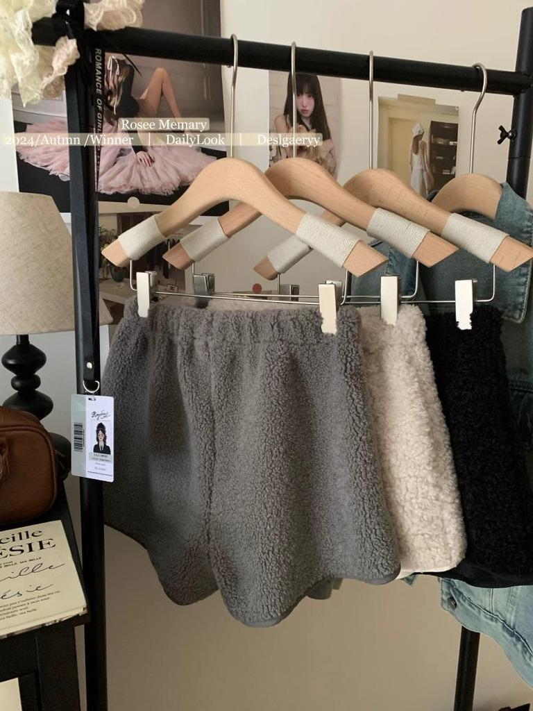 Women's 2024 Lambswool High Waist Drawstring Warm Shorts - Autumn/Winter Casual Loose Fit Hot Pants Outerwear