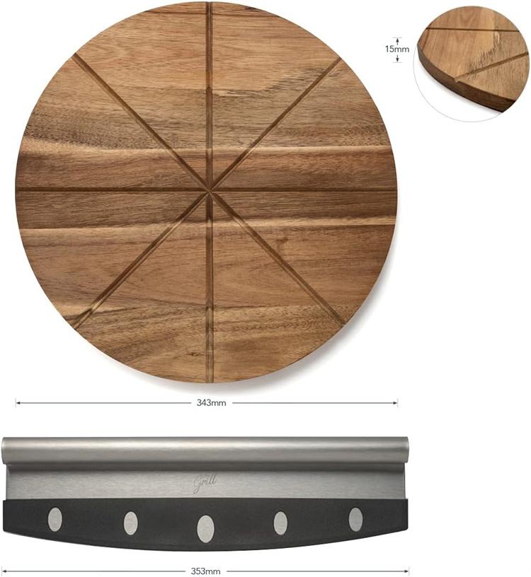 Pies Cake Cheese Round Serving 13.5" Acacia Wooden Board Stainless Steel Slicer Grill Pizza Knife Slicer Cutter Gift Set