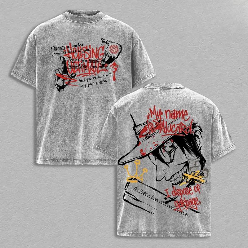 Hot Anime Hellsing Alucard Cool Graphic Tee Men Short Sleeve Clothing Washed Cotton Tshirt Casual T-shirt Harajuku Retro T Shirt