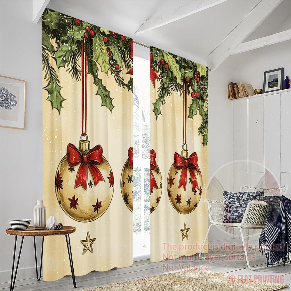 2pcs,2D Plane Printing Curtains Christmas Ornaments Holly Bows (2) Versatile Durable Polyester (without Rod) All Seasons Perfect