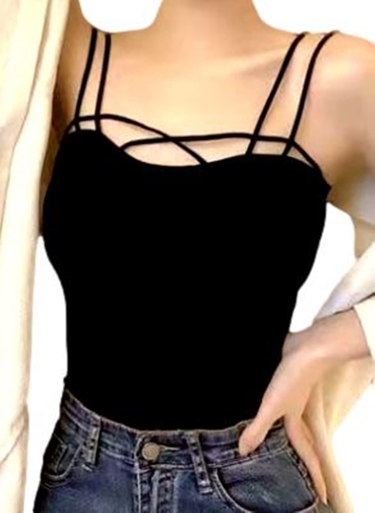 

Aquamie Bra Double Sleeveless with Cups Top, Camisole, Short, Strap, Sexy, Cleavage-Flattering, (Black) чёрный