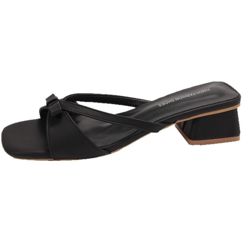 2025 summer new fashionable versatile gentle bow square head open-toed sandals women's soft sole simple wedge heel slippers