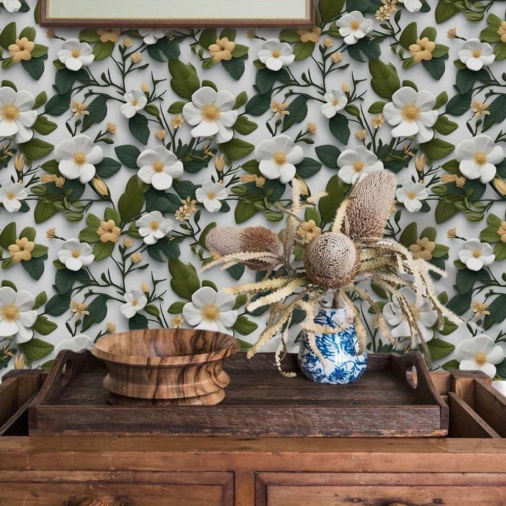1roll Floral Wallpaper Self Adhesive Wallpaper Green Botanical Wall Covering Washable Removable Decal Wall Stickers for Kitchen Living Room Bedroom