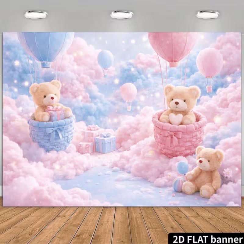 2D Teddy Bear Hot Air Balloon Backdrop for Newborn Photography