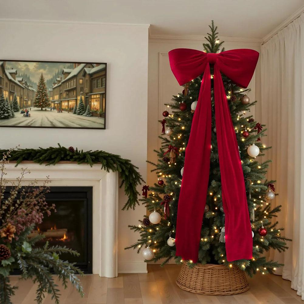 1.8M Super Large Christmas Bow Pendant Flannel Christmas Tree Topper Bow Decoration Wine Red Long Streamers Ribbon Bow Pendant