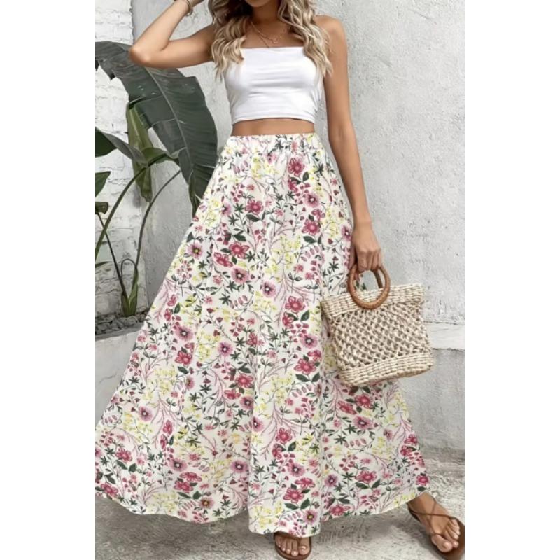 Tištěný design Červený a bílý drobný květinový potisk Celoroční dámská maxi sukně, Boho elastický pas Splývavá poloviční sukně