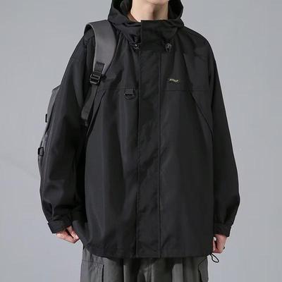 Men's Korean Style Hooded Black Jacket - Spring & Autumn, Trendy Loose Fit Workwear.