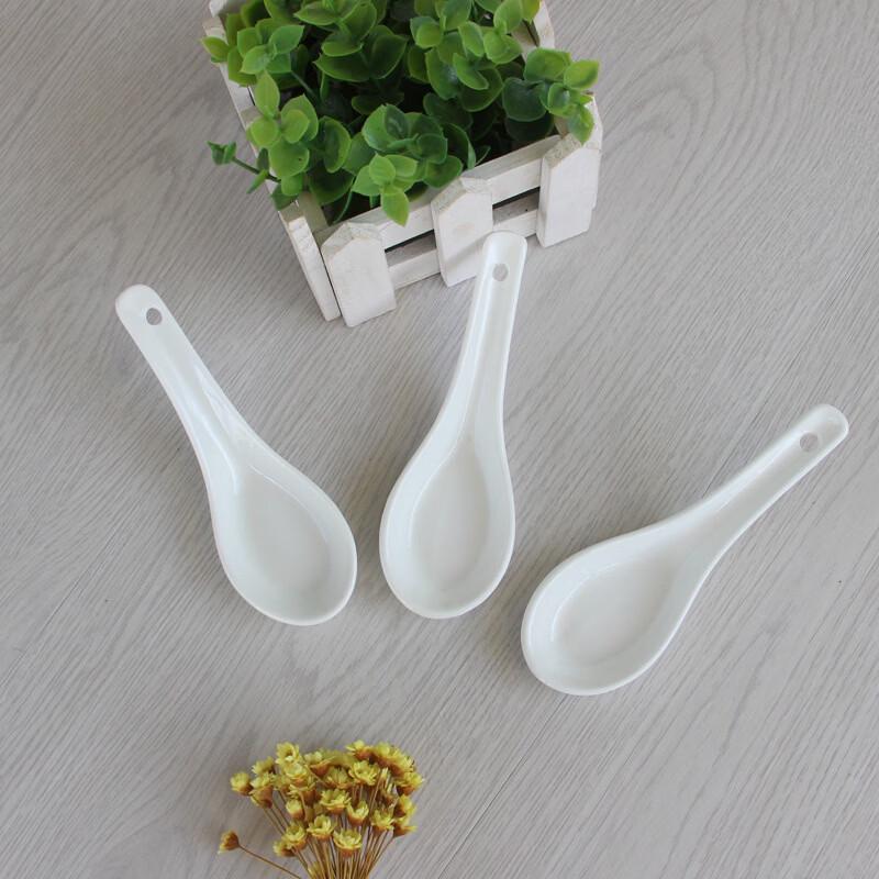 Pure White Ceramic Flat-Bottom Soup Spoons, Set of 10