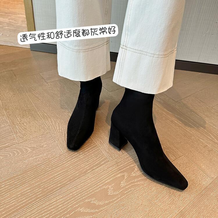 Intellectual Elegance Commuter High Heel Thin Boots 2025 Autumn and Winter New Small Square Head Side Zipper Elastic Bag Legs Short Boots Women