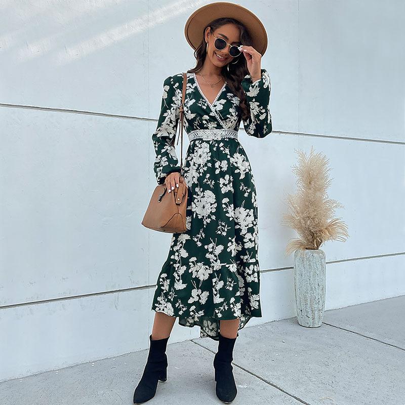 Spring and Autumn Women's Dress Fashion Ruffle Long Sleeve Printed Irregular Dresses