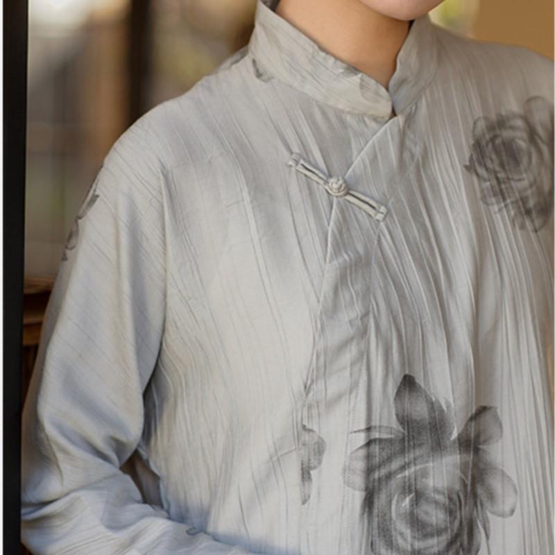 Johnature Women Vintage Stand Shirts Tops Long Sleeve Button Print Floral Blouses Spring Loose Casual Soft Shirts