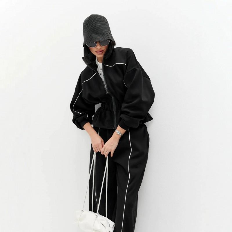 Casual Women's Suit Features Waist Folded Pleated Color Matching Long-sleeved Coat Trousers Two-piece Set